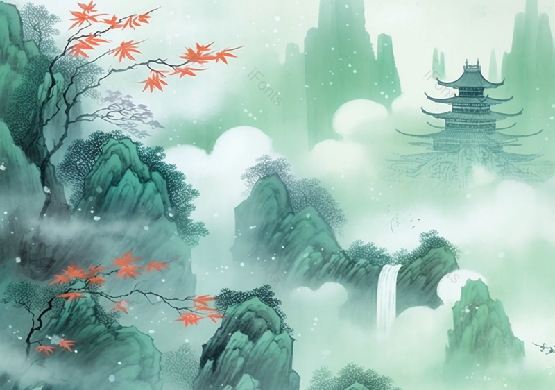 手绘国风意境彩色的山水瀑布风景文艺插画,插画/手绘图,插画/手绘图库,插画/手绘图下载,插画/手绘